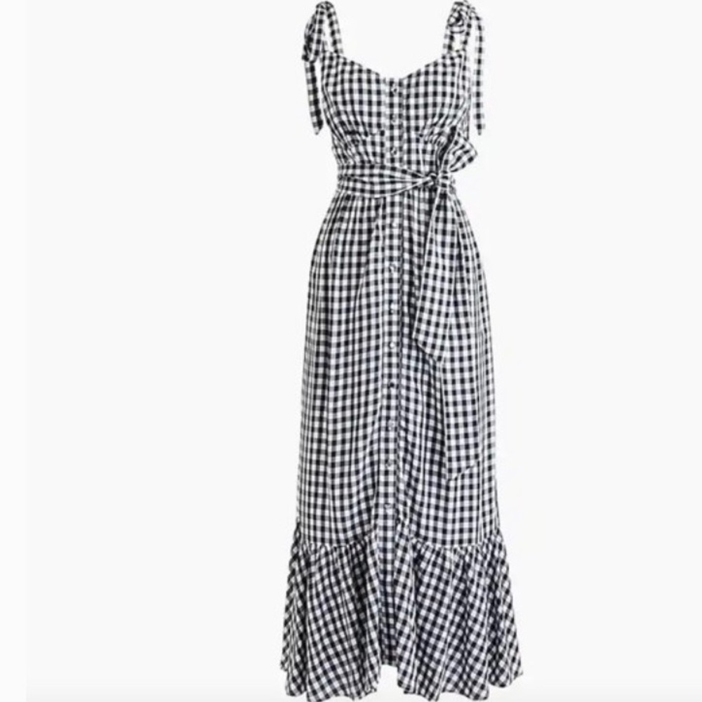 JCrew GINGHAM MIDI DRESS WITH RUFFLE HEM